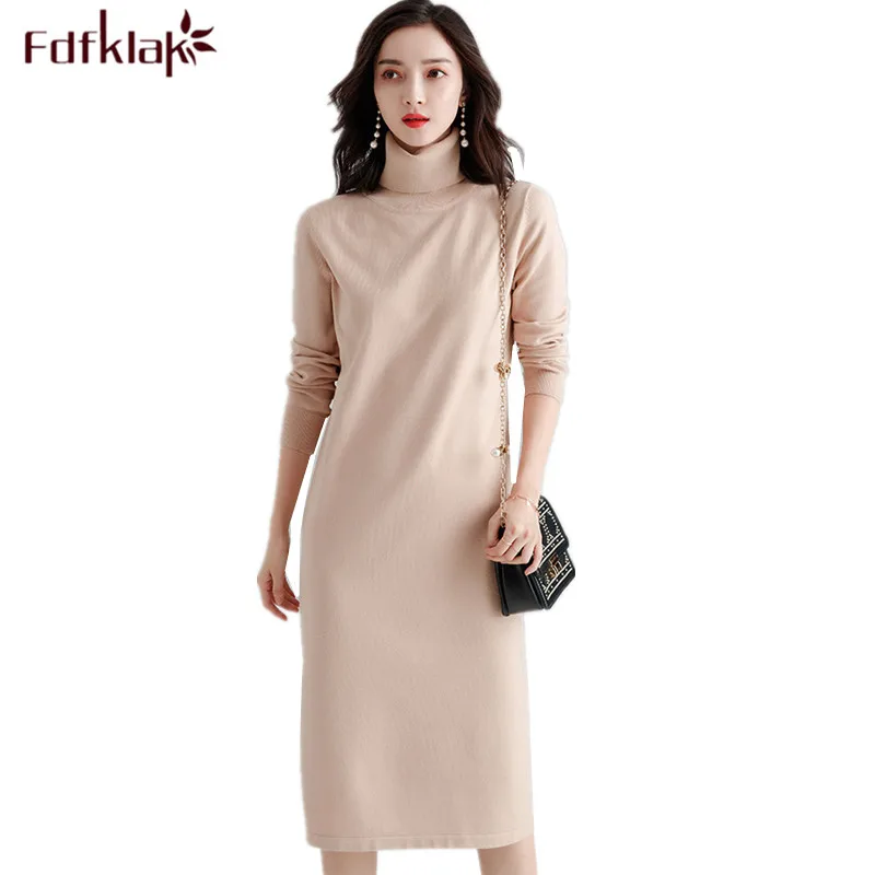 

Fdfklak Autumn winter dress for women long sleeve knitted dresses turtleneck warm party dresses women's vestidos sweater dress