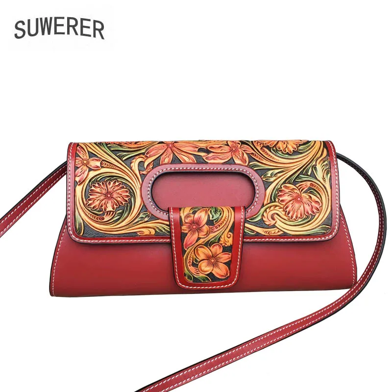 

SUWERER New Women Genuine Leather bag Handmade Carved luxury fashion cowhide shoulder bag designer women famous brand clutch bag