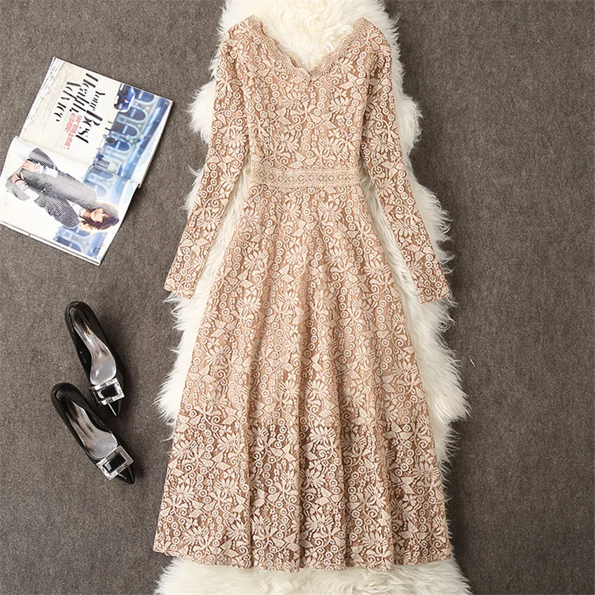 

2019 Spring Autumn Elegant V-neck Women A-line Dress Casual Full Sleeve Long Dress Fashion Patry Vestidos Femme LP406