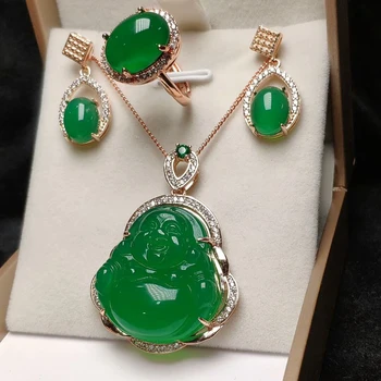 

Koraba S925 Sterling Silver Green Jade Buddha Gemstone Pendant Necklace Ring Earrings Jewelry Sets for Women