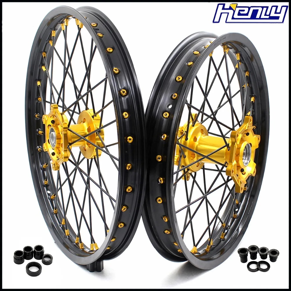 

21/18 Motorcycle Rim Spoked Enduro Wheels Set For SUZUKI RM125 RM250 1996-2000 Gold Nipple Hubs Alumninum Black Rims