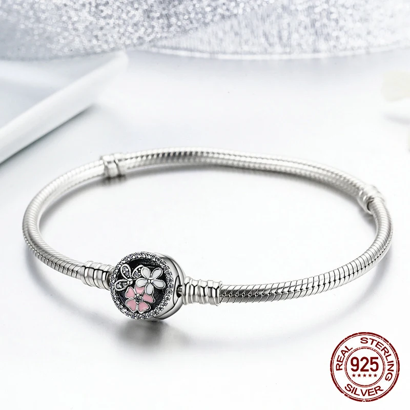 

Authentic 925 Sterling Silver Poetic Daisy Cherry Blossom Mixed Enamels & Clear CZ Snake Chain Bracelet for women Jewelry