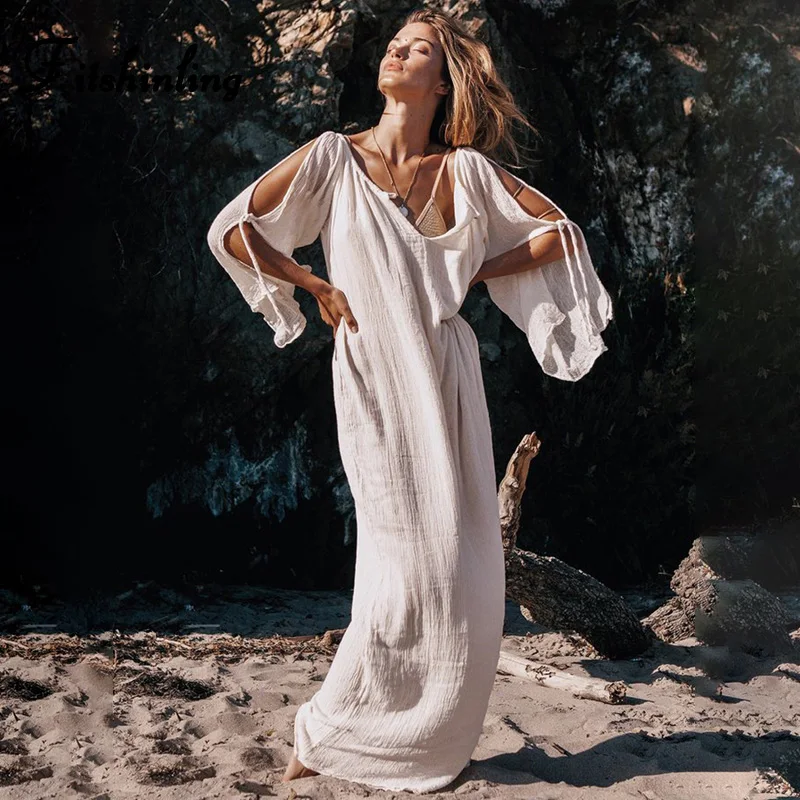 

Fitshinling Bohemian open shoulder long dress beach summer holiday sexy hot white pareos 2019 v neck solid maxi dresses women