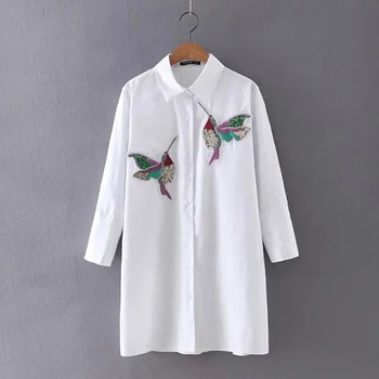 

Hanyiren Women Bird Embroidered Blouse fashion Long sleeve high quality white turn down collar Shirt women tops chemisier femme