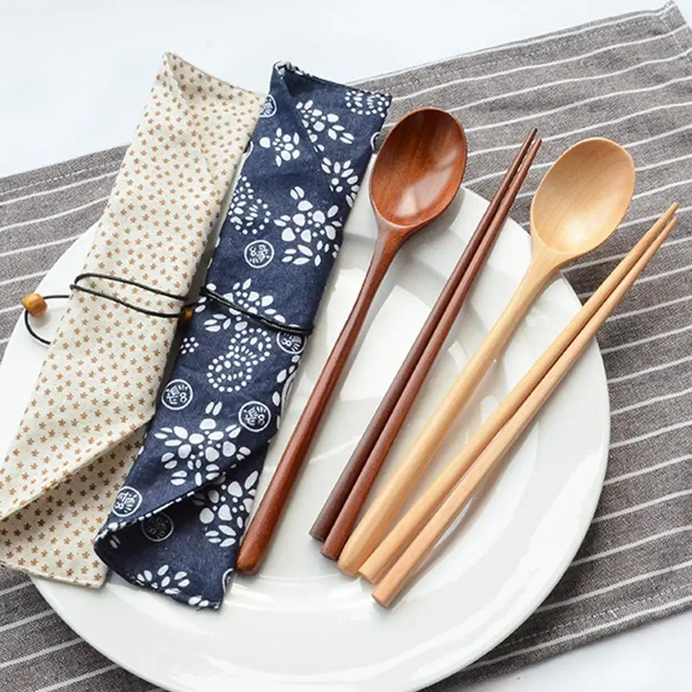 

Wood Reusable Portable Travel Tableware Spoon Chopsticks Cutlery Dinnerware Kit hot