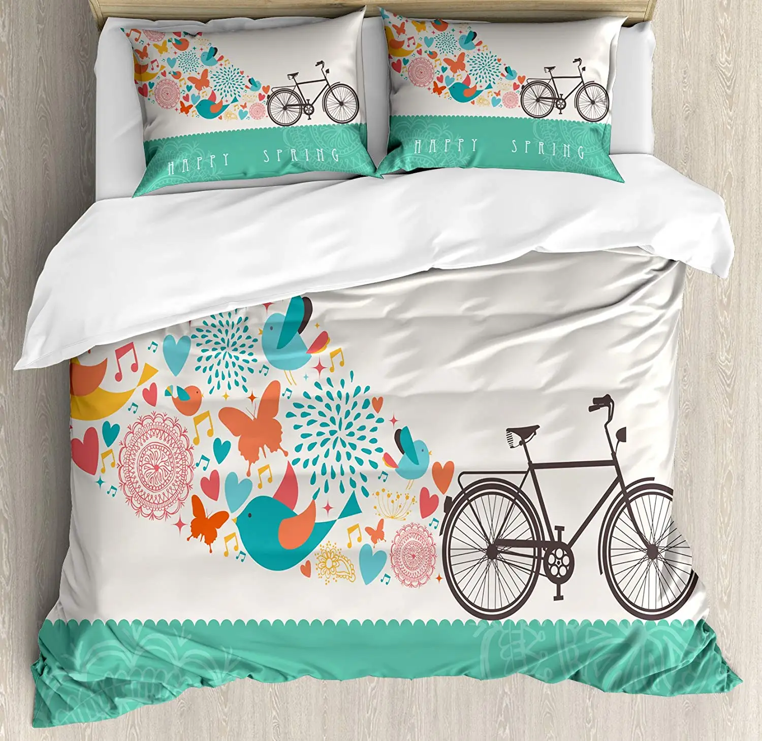 

Bicycle Duvet Cover Set Queen Size Happy Spring Themed Bike Concept with Blossomed Bird and Butterflies Fresh Print Decorative 4