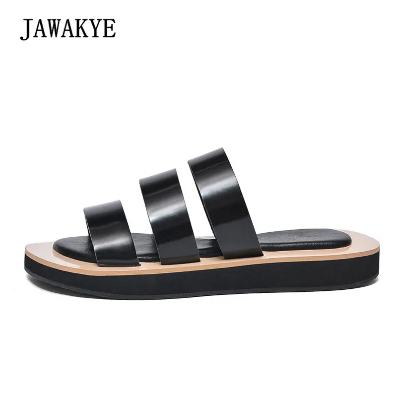 

2018 Simple Design Flat Slipper Woman Open Toe Thick Bottom Black Real Leather Gladiator Sandals Women Casual Shoes Summer