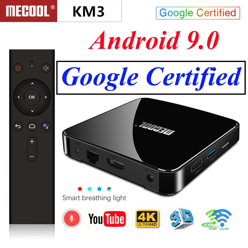 Mecool KM3 ATV جوجل شهادة مربع التلفزيون الذكية الروبوت 9.0 التلفزيون مربع S905x2 مزدوجة واي فاي مع 4 K HDR الروبوت التلفزيون مشغل الوسائط المتدفق