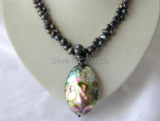 

huij 00930 2strands 8mm baroque black pearl necklace abalone shell pendant