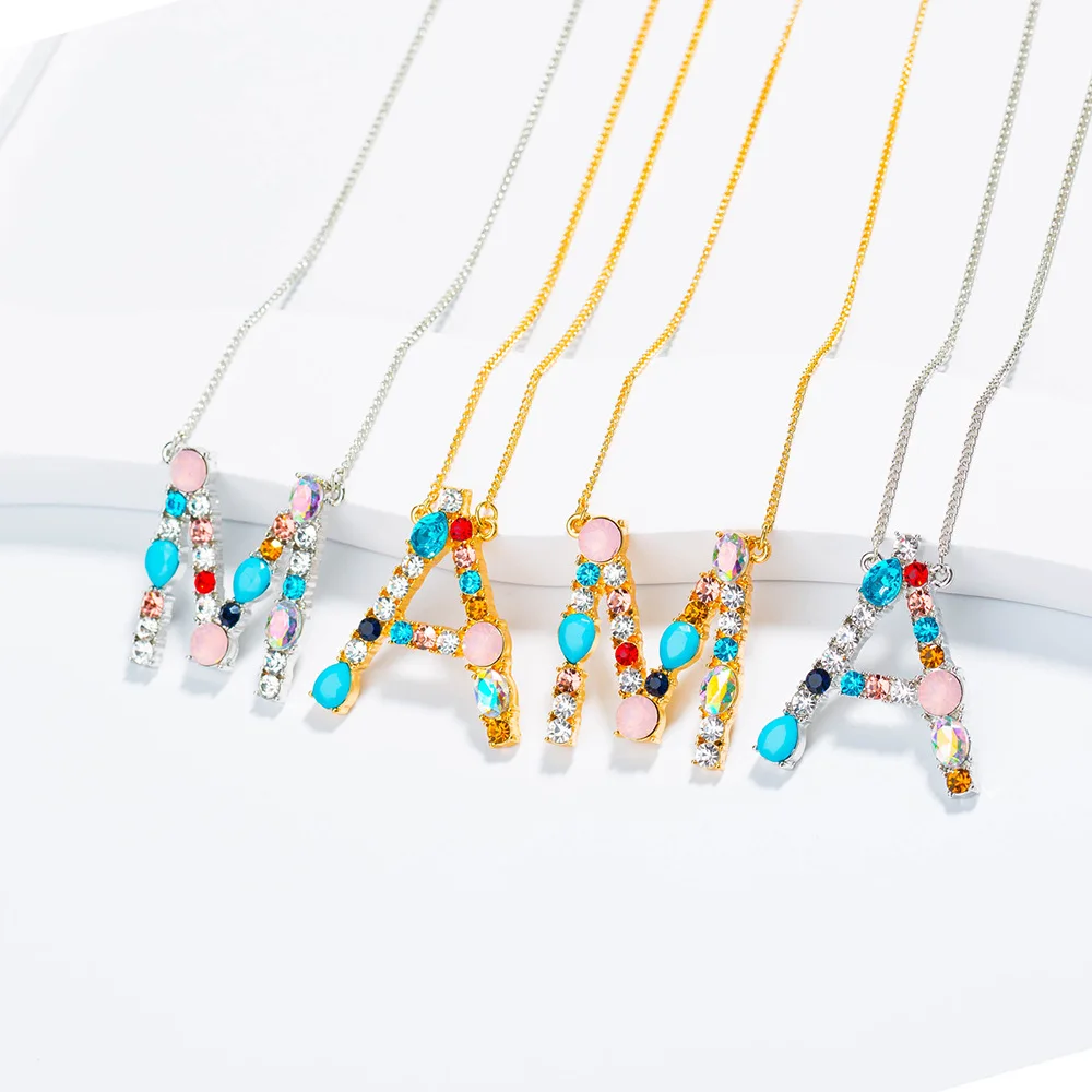 

ZWPON 2019 Personalized Pave Crystal Opal Alphabet Letter Necklace for Women Fashion Colorful Summer Name Necklace Chokers