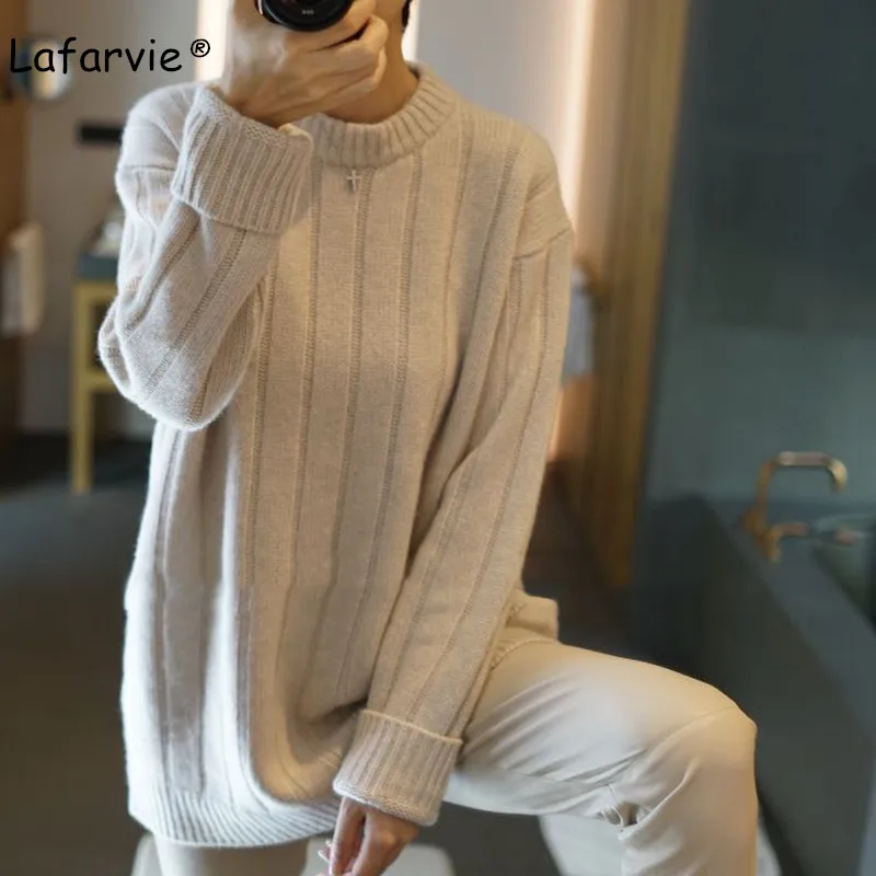 Lafarvie New 2019 Korean O-neck Thick Knitted Cashmere Sweater Women Autumn Winter Loose Long Pullover Knitting Sweater Jumper