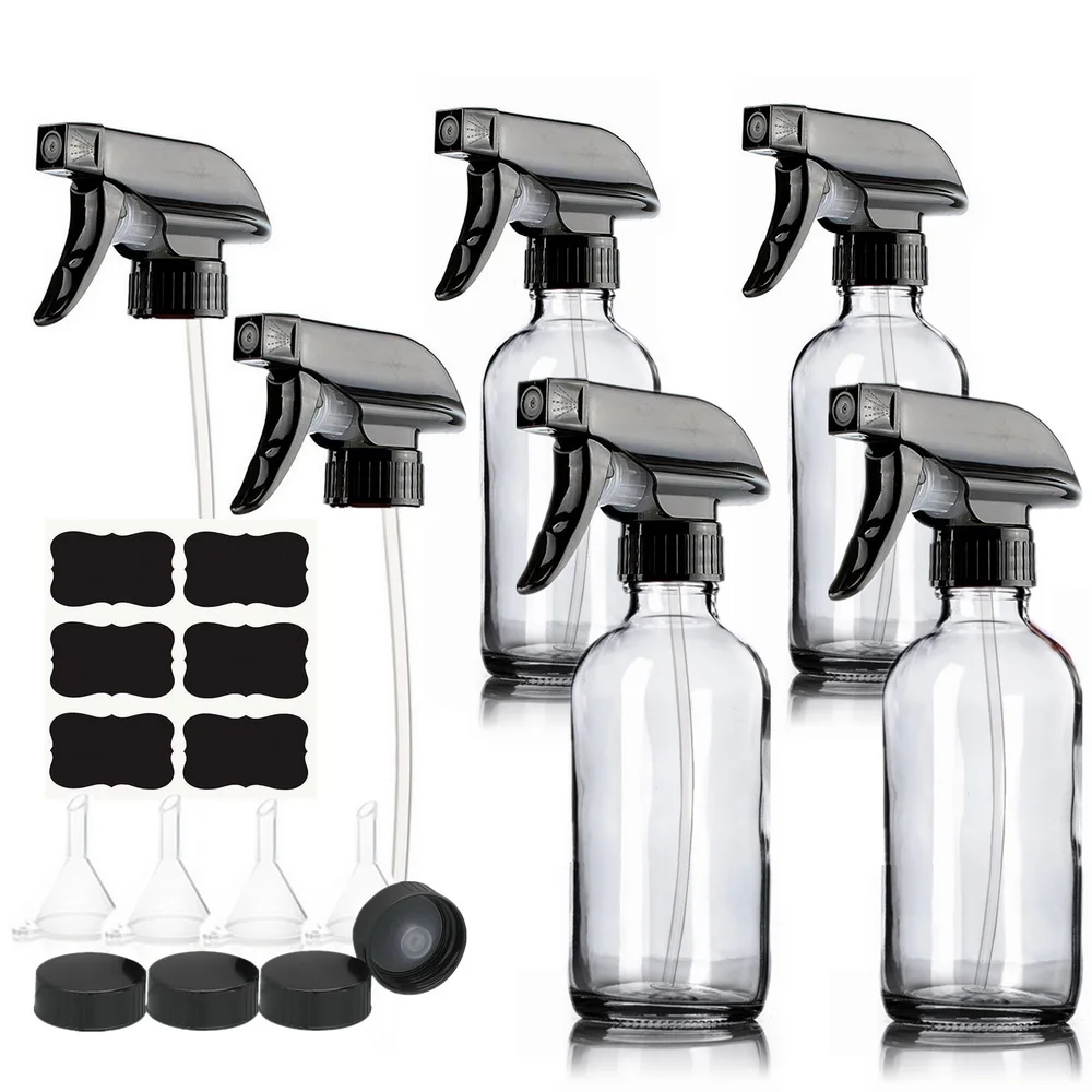 4pcs 250ml Large Clear Glass Spray Bottle with Trigger Mist Stream Sprayer Storage Cap Chalkboard Labels for Essential Oils Hair 12 pcs basket label holder message board removable clips labels holders for storage bins various on pantry chalkboard