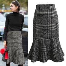 Осенняя и зимняя юбка, Новая модная женская юбка с высокой талией, сексуальная твидовая шерстяная юбка рыбий хвост, клетчатая юбка Jupe Tail Haute