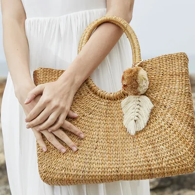 Bolso tejido paja con flecos huecos, bolso compras con mango de madera, bandolera con borlas la moda para mujer, accesorios para bolsos AliExpress