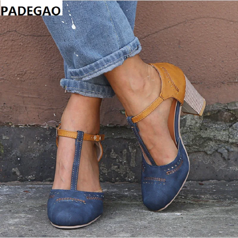 

New spring and summer Europe and America restore ancient ways round head spell color t-word buckle 35-43 large size women's shoe