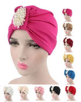 

New women luxury bow Turban with the pearl jewelry cotton Hat Stylish Chemo cap detachable bowknot