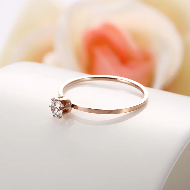 

Titanium Steel 6 Prong Setting Cubic Zirconia Crystal Ring Classic Rose Gold Engagement Wedding Rings For Women Anneau BXJ37