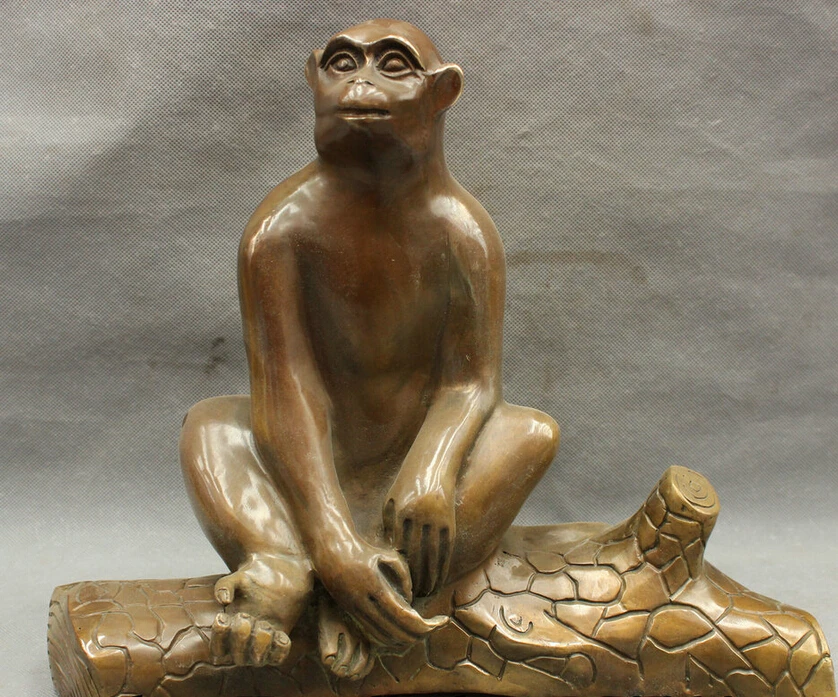 

song voge gem S3053 13" Chinese Bronze Copper Year Zodiac Lucky Lifelike Sit Monkey Statue On Tree