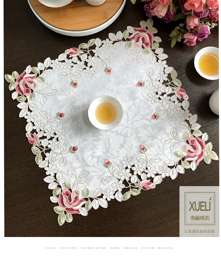 Квадратная розовая роза Элегантная вышивка настольная дорожка пасторальная ткань чайная скатерть, Роскошный Коврик для стола покрытие для украшения стола