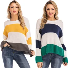 Women Stripe Contrast Sweater Knitted Pullovers Long Sleeve Round Neck Loose Knitting Sweater black round neck plush knitted details sweater