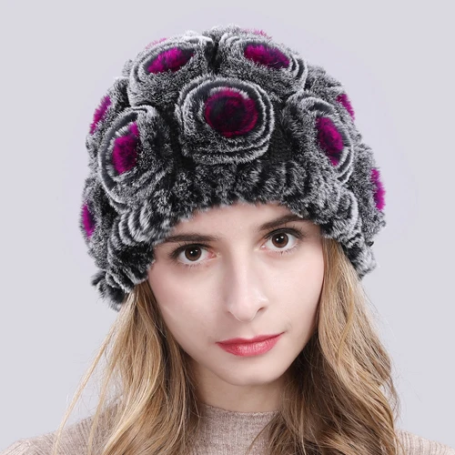 color 19 Горячая Распродажа Настоящий мех кролика Skullies шапка зимняя женская вязаная натуральный мех кролика рекс шляпы с рисунком Настоящий мех кролика шапки - Цвет: color 19