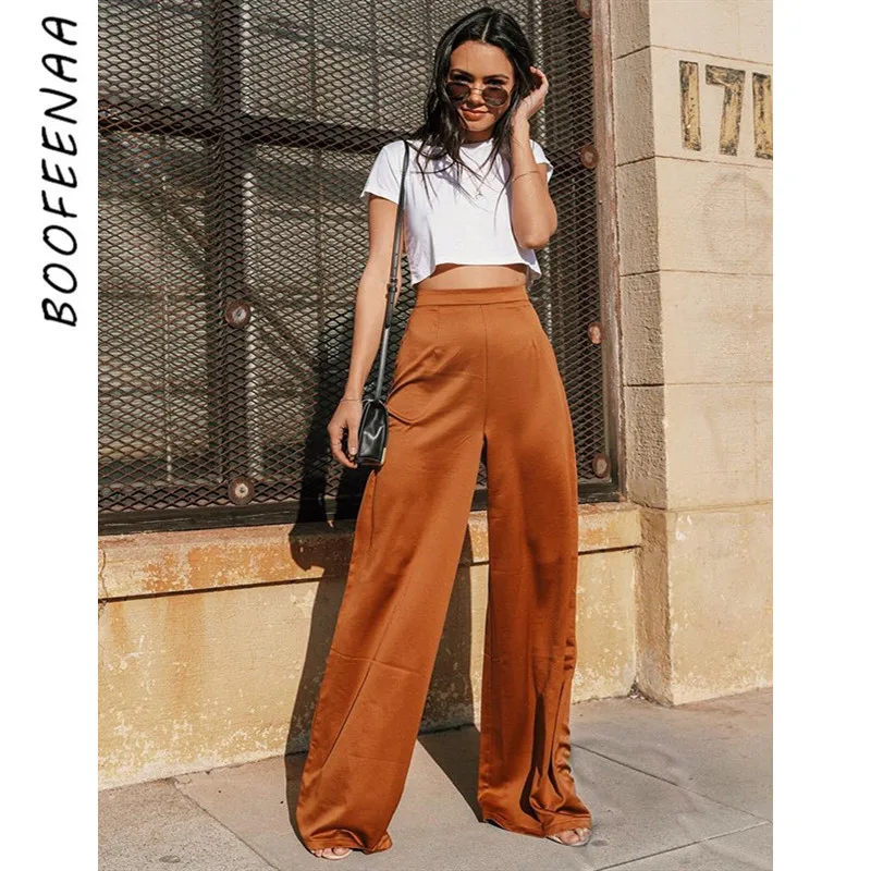

BOOFEENAA Brown Satin Silk Waisted Dress Wide Leg Pants Women Summer Bottoms Palazzo Pants Vintage Loose Trousers C76-AB58