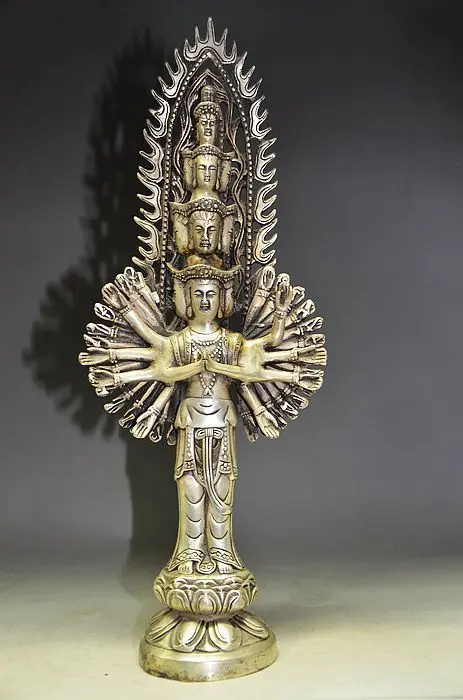 

13.63 inch/Gold-plated China Tibetan silver and guanyin Buddha statue carving