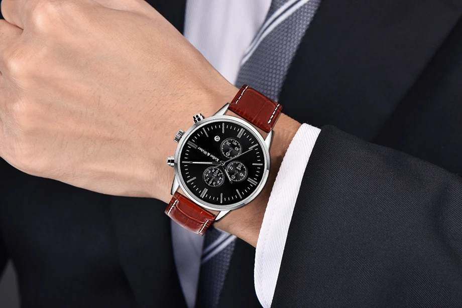Keller & Weber Mens Watches 30m Waterproof Quartz Business Watches Date Display Genuine Leather Band Relogio Masculino Best Gift (18)