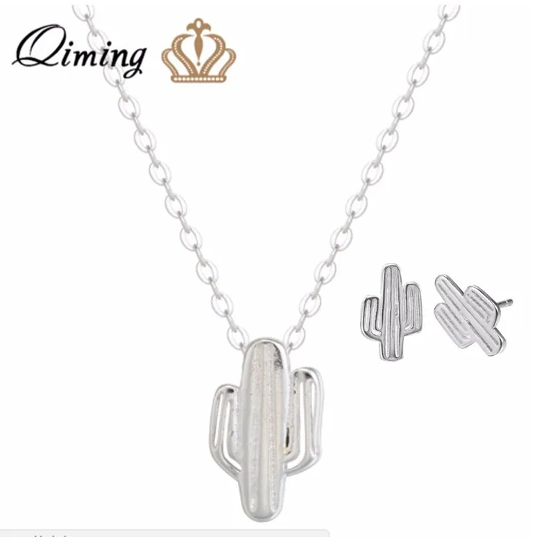 

QIMING Plant Cactus Silver Jewelry Sets Ladies Anniversary Gift Fashion Necklace Cacti Charm Earrings Best Birthday Gift
