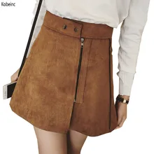 New Fashion Suede Skirts Women 2017 Summer Saias High Waist A Word Skirt Oblique Zipper Mini Skirt Elegant Jupe Female Faldas