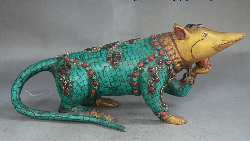 

16" Rare Old Tibet Fengshui Turquoise Bronze Gilt Auspicious Wealth Mouse Statue