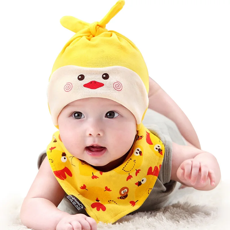 Infant Cap Bib Set and Sleep Mask Knitted Cotton Baby Hat Autumn Animal