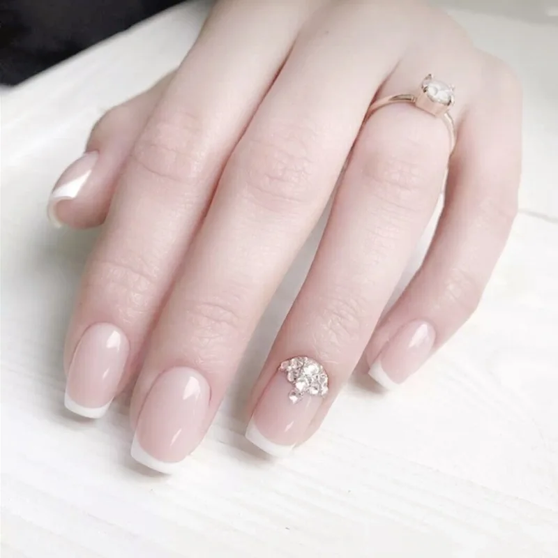

New Arrival 24pcs French Wedding Fake Nails Full Cover Long Square Head Rhinestone False Nails faux ongles with Glue Sticker