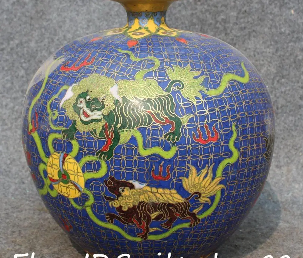 

9" Qianlong Dynasty Cloisonne Bronze Lion Fu Foo Dog Beast Bottle Vase Pot Jar