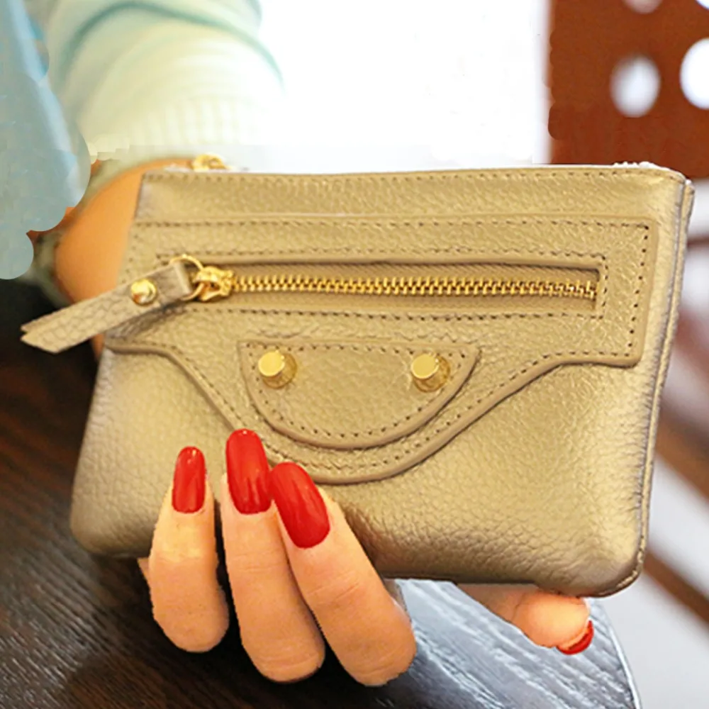 Top Genuine Leather Women Coin Purses Cowhide Coin Pocket Cowskin Zipper Hoop Change Pocket