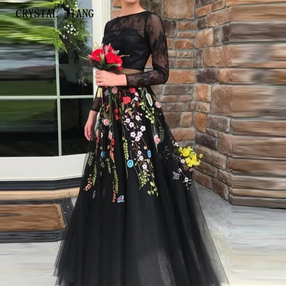 

Two Pieces Evening Dresses 2019 Jewel Collar Long Sleeves Lace Embroidery Custom made Formal Long Evening Dress robe de soiree