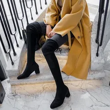 PXELENA/облегающие эластичные женские ботфорты из флока осенние сапоги для верховой езды на каблуке без застежки г. Женская обувь черного цвета 34-43