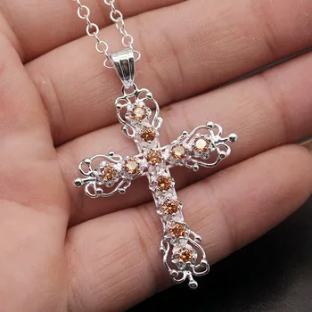 

God Cross Necklace Pendants High-end Gifts Silver Color Wedding Party girl Pendants Orange EHBK-035