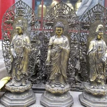 Bi001867 4" Тибет классическая Бронзовый Трехсвятительская Западно Кван-Инь Статуя Будды Набор