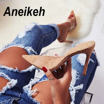 

Aneikeh 2019 PVC Sweet Fashion Thin High Heel Slippers Open Toe Sexy Transparent High Heels Solid Pointed Toe Apricot Size 35-40