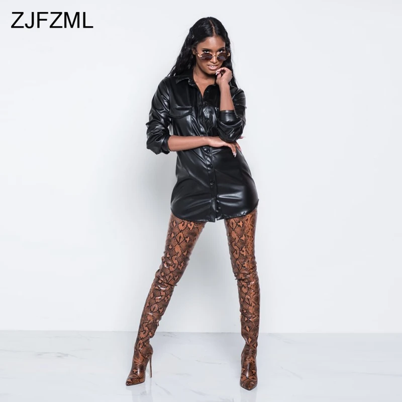 

ZJFZML Black PU leather Sexy Party Shirt Women Turn-Down Collar Button Pockets Blouse Spring Casual Female Red Long Sleeve Shirt