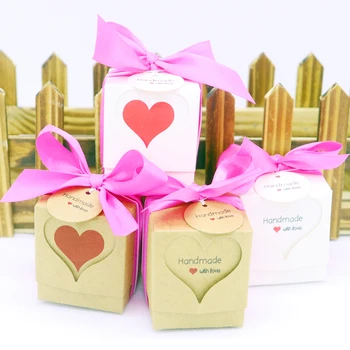 

Fashion handmade heart natural kraft gift box Cute thank you heart label with candy /wedding gift display packing box 10pcs