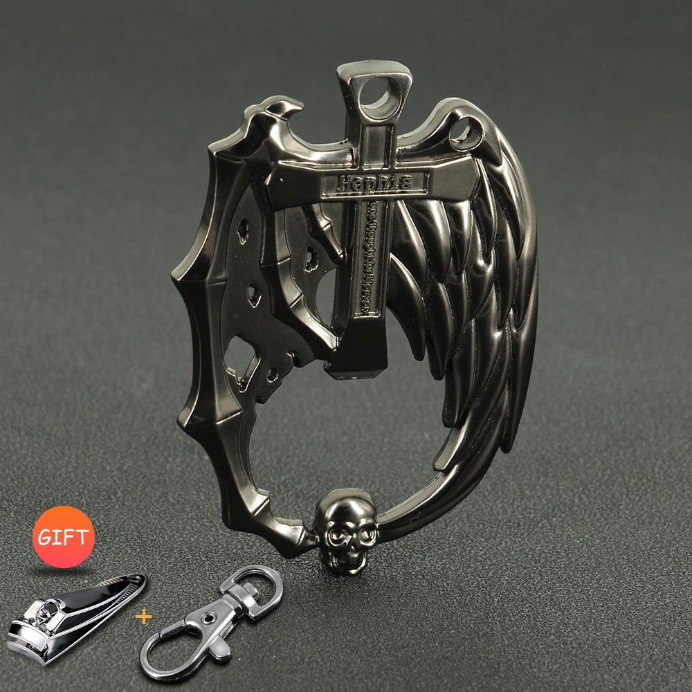 

Hephis Skull Car KeyChain Cross Bad Angel Devil Wing Key Chain Multi Function Bottle Opener Key Holder Ring For Men Gift K5