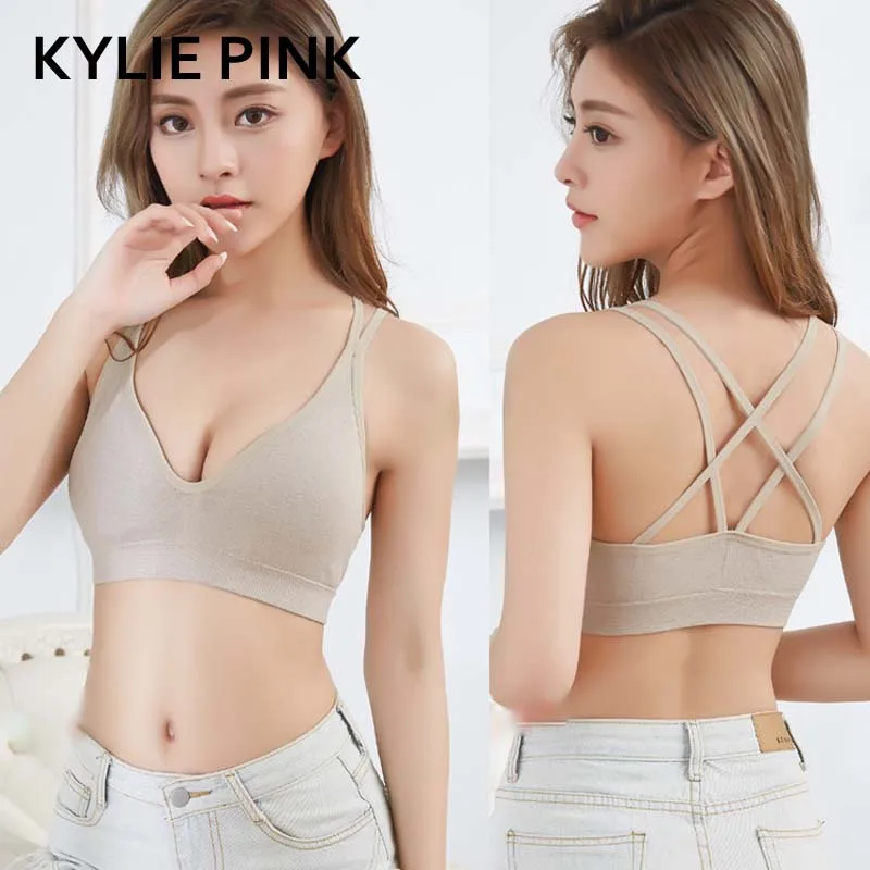 

KYLIE PINK 2019 Summer Padded Push Up Bras Brassiere Cross Strap Back Bras Fitness Seamless Crop Tops Sexy Bra Bralette Undewear