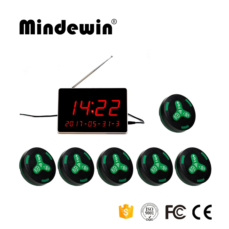 

Mindewin 2017 High Quality Wireless Restaurant Calling System Voice Reporting 1pc Receiver Host+ 6pcs Call Transmitter Button