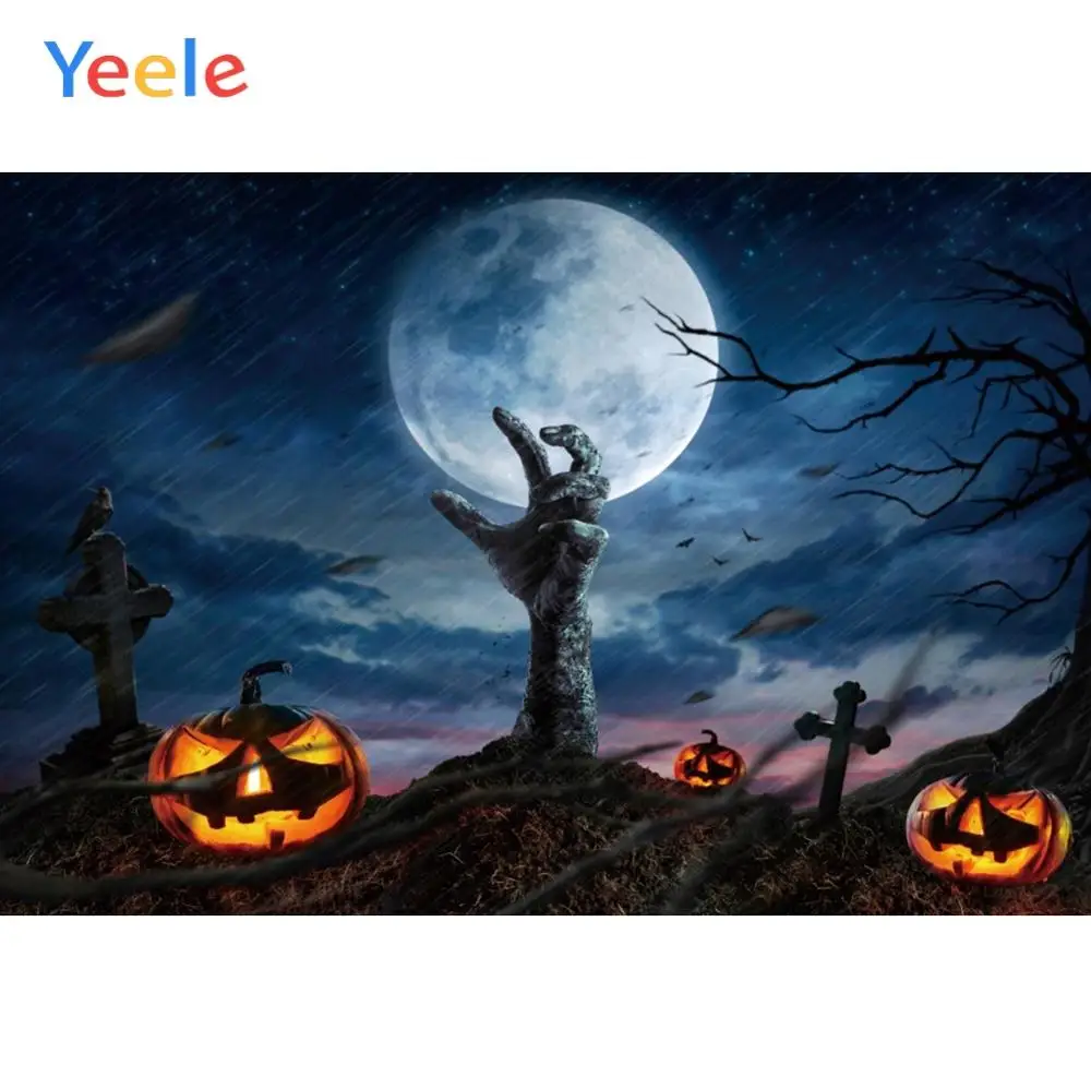 Фоны для фотосъемки Yeele Хэллоуин Ночь Луна гробница призрак дерево Тыква