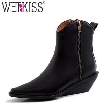 

WETKISS Leather Ankle Boots Women High Heels Wood Bootie Fashion Square Toe Shoes Female Strange Style Zip Shoes Ladies Autumn