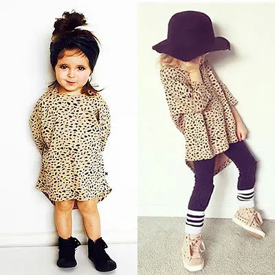 

Cute Baby Kids Girls 3/4 Long Sleeved Leopard Cotton Tops Short Mini Dress 0-5T