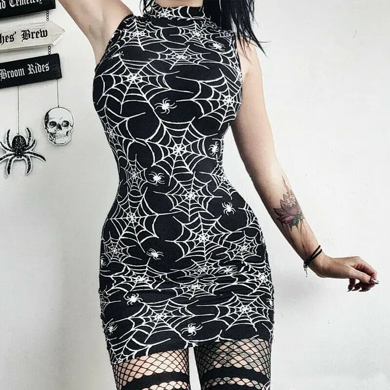 

Gothic Punk High Neck Women Spider Web Evening Party Sexy Sleeveless Clubwear Bodycon Mini Dress