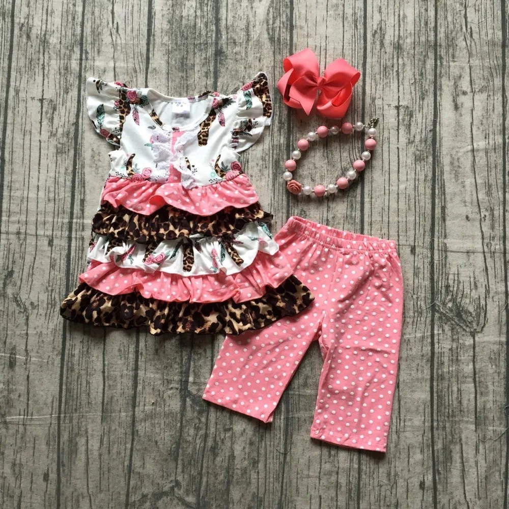 

Spring/Summer girls boutique leopard floral ruffle Capri set milk silk coral dot outfit baby kids wear with match accessories